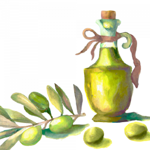 olivenöl flasche und blätter